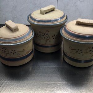 Ballard hand crafted folk art stone pottery canister set of three